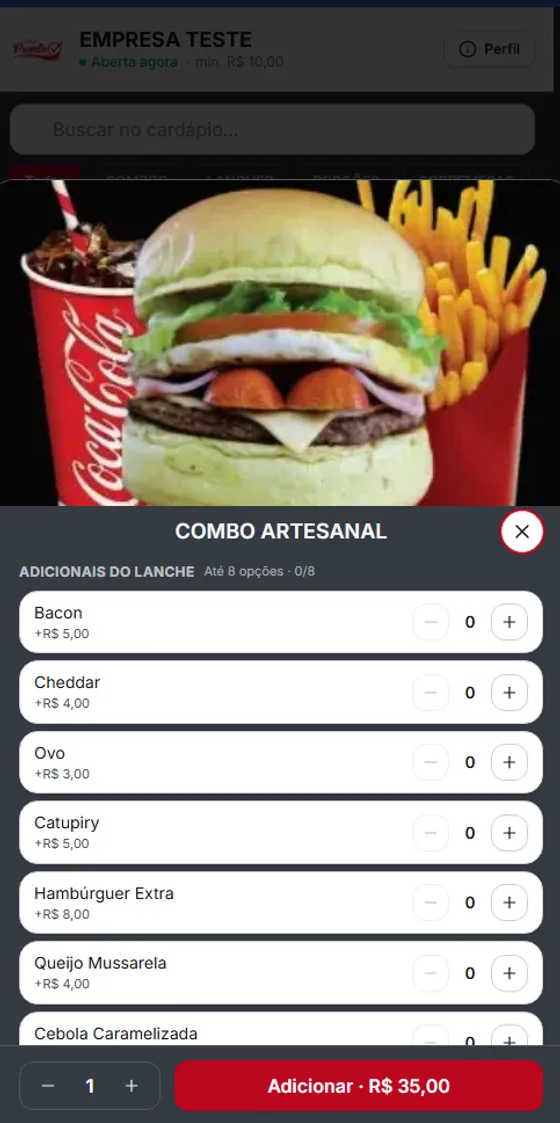 Tela de escolha de adicionais de um combo no cardápio digital, com bacon, cheddar, ovo, catupiry e hambúrguer extra, cada um com o preço somado ao total