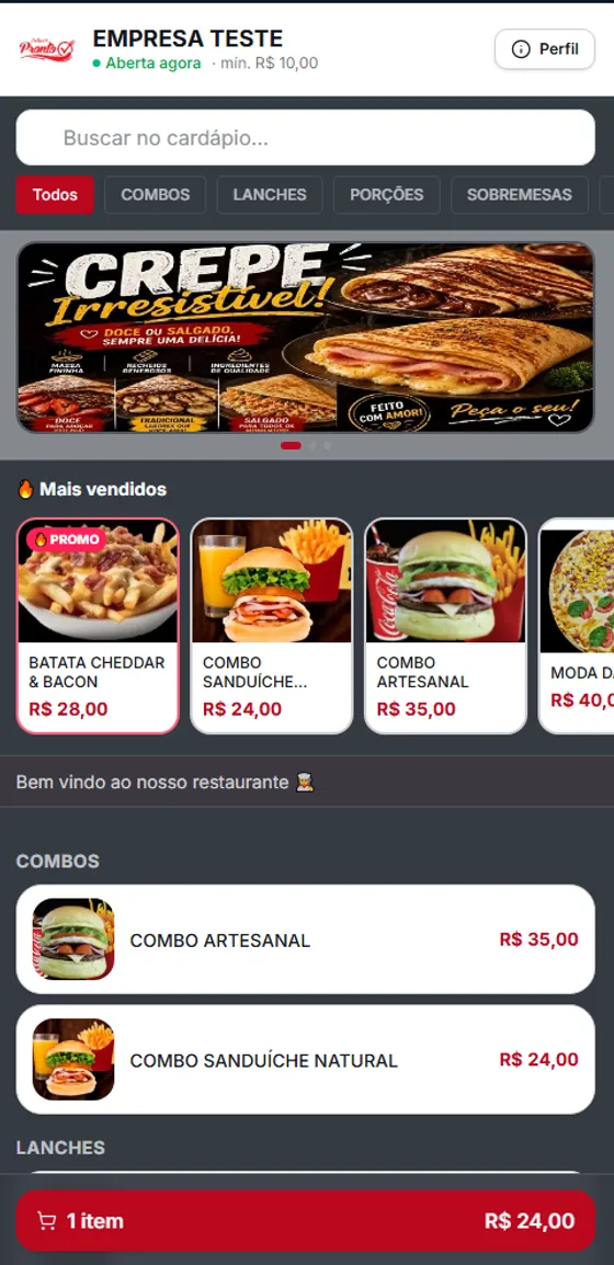 Cardápio digital do AXIA aberto no celular do cliente, com banner de destaque, produtos mais vendidos, categorias e o carrinho fixo no rodapé