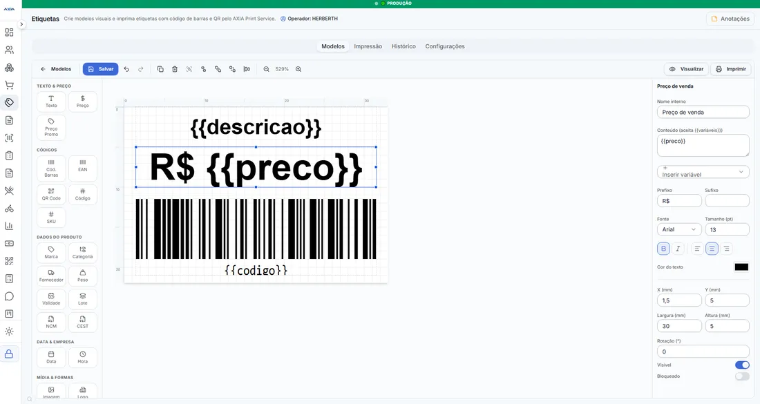 Editor visual de etiquetas do AXIA ERP, com campos arrastáveis de descrição, preço, código de barras, QR Code, NCM e validade sobre a régua em milímetros
