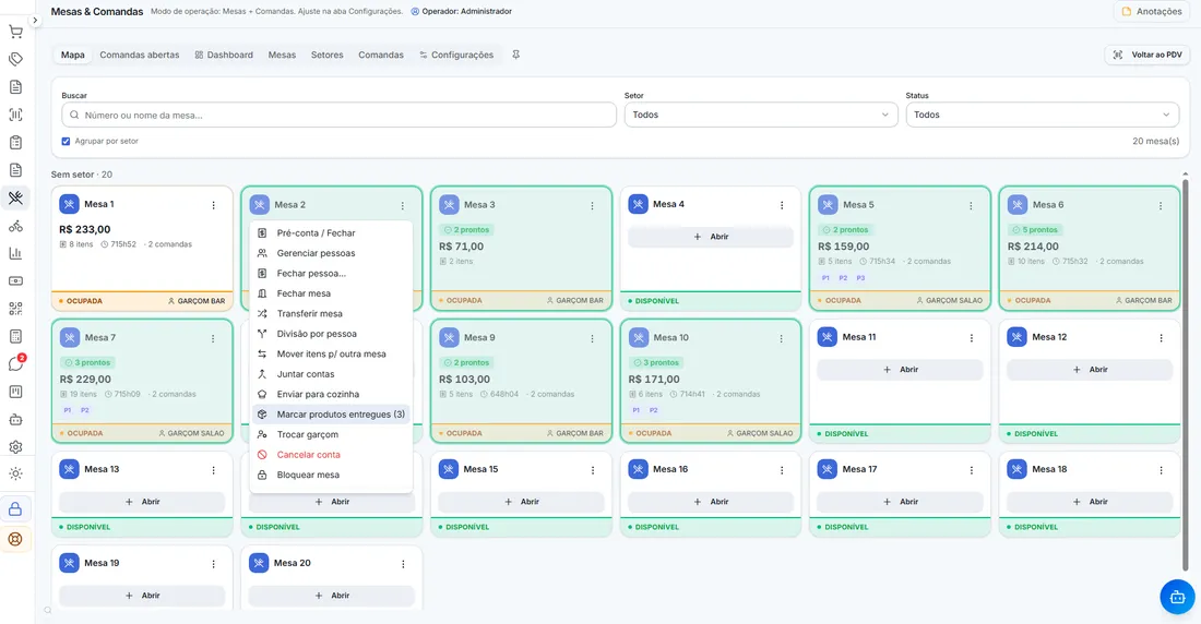 Mapa de mesas do AXIA ERP com 20 mesas, indicando ocupadas e disponíveis, valor e tempo de cada uma, e o menu de ações com pré-conta, divisão por pessoa, transferir mesa e enviar para cozinha
