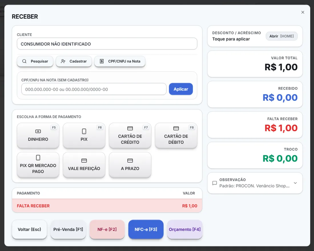 Tela de recebimento do PDV com as formas de pagamento disponíveis: dinheiro, PIX, cartão de crédito, cartão de débito, PIX QR Mercado Pago, vale refeição e a prazo