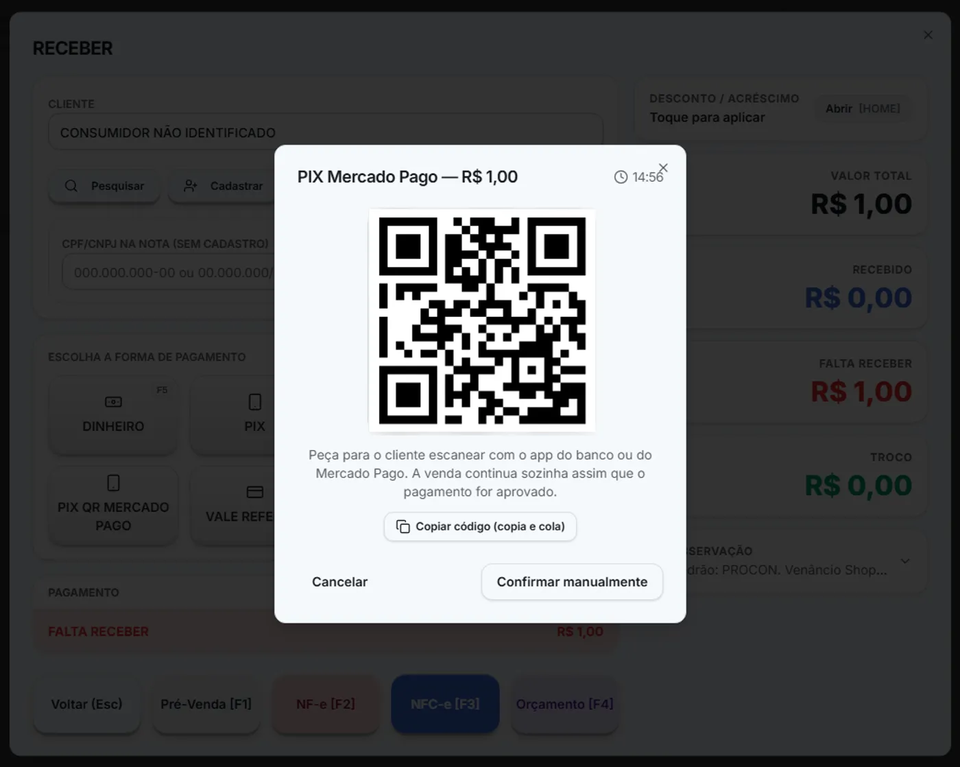 Janela de pagamento PIX pelo Mercado Pago dentro do PDV, com QR Code na tela para o cliente escanear e confirmação automática quando o pagamento é aprovado